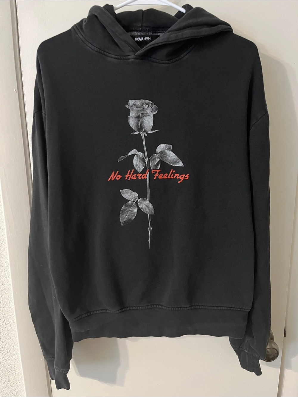 Black Crewneck Hoodie Sweater with Rose Graphic and Red Script